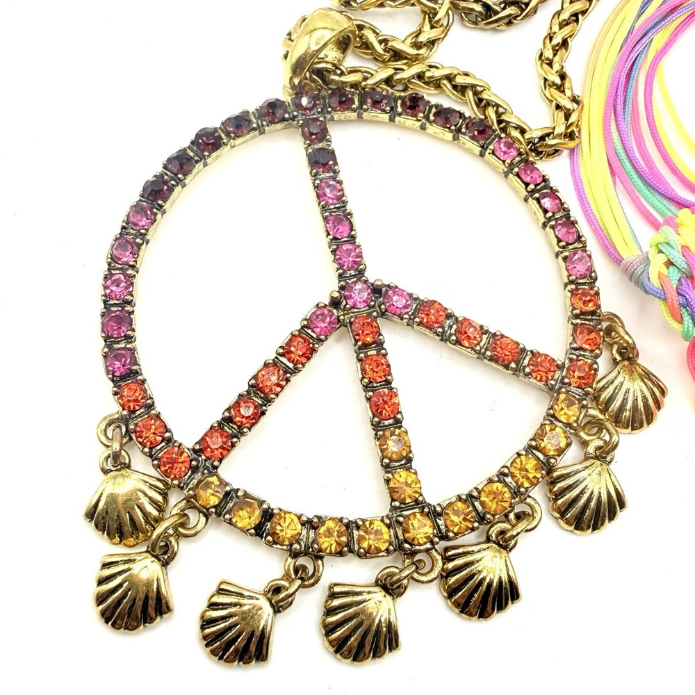 RARE Betsey Johnson Summer of Love Neon Cord Peace Sign Necklace NWT